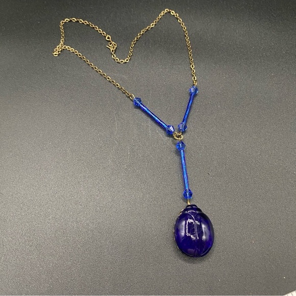 Vintage Cobalt Blue Czech Glass Scarab Pendant Necklace - Picture 4 of 15